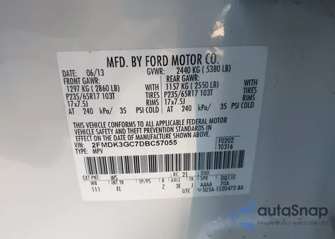 2013 Ford Edge Se z USA, uszkodzony, nr VIN 2FMDK3GC7DBC57055